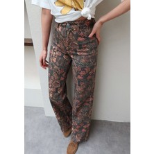 Esra Helvacı Çiçek Desen Yüksek Bel Denim Pantolon