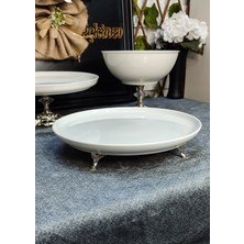 SEÇKİNEV Seçkinev 3 Parça Cool Krem Porselen Ayaklı Masa Sunum Tabağı Set (Gold&gümüş)
