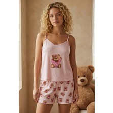 Pijamoni Kadın Ip Askılı Oslo Kumaş Şortlu Pudra Pijama Takımı