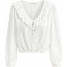 Mixray 4863 Kadın Fırfır Detaylı Bağlamalı Yaka Uzun Kollu Bluz Ekru