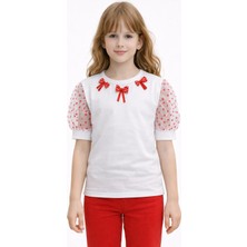 Sibel Günay Butik Kurdele Detaylı Puantiyeli Tül Kol Kız Çocuk Beyaz Tişört