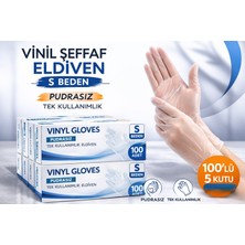 Sylar Vinil Şeffaf Eldiven S Beden 100’LÜ 5 Kutu Tek Kullanımlık Pudrasız Vinil Muayene ve Hijyen Eldiveni Toplu Set 500 Adet