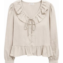 Mixray 4813 Kadın Volanlı V Yaka Bluz Taş