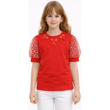 Sibel Günay Butik Kurdele Detaylı Puantiyeli Tül Kol Kız Çocuk Kırmızı Tişört