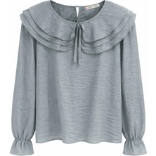 Mixray 4861 Kadın Yakası Volanlı Bağlamalı Dökümlü Bluz Haki