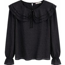 Mixray 4861 Kadın Yakası Volanlı Bağlamalı Dökümlü Bluz Siyah