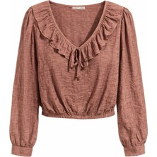 Mixray 4863 Kadın Fırfır Detaylı Bağlamalı Yaka Uzun Kollu Bluz Kahve