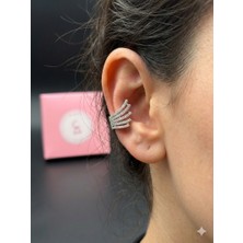 Alsem Gümüş Kanat Işlemeli Kıkırdak Küpe , 5 Sıralı Kristal Earcuff Küpe , Gold Sıkıştırmalı Modern Küpe