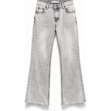 Mixray 2007 Kadın Crop Ispanyol Paça Likralı Vintage Jean Pantolon Gri