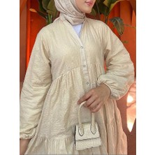 Afra Düğmeli Kat Kat Salaş Kesim Tesettür Elbise –krem