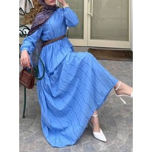 Afra Lastikli Bel Dokulu Salaş Kesim Tesettür Elbise – Mavi