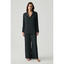 Penye Mood Viskon Saten Dokulu Çizgili Pijama Takımı