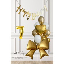 Pekshop Gold Fiyonk Balonlu Altın Beyaz Tema Gold Bannerlı Doğum Günü Süsleme Balon Seti SET241
