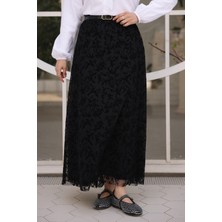 İmaj Butik Siyah Bel Kemerli Astarlı Flok Tül Etek