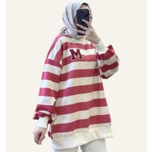 MUE Çizgili Nakış Detaylı Oversize Kadın Sweatshirt (Iki Iplik)
