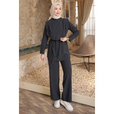 İmaj Butik Antrasit Omuz Düğmeli Bel Kuşaklı Pantolonlu Takım