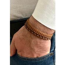 Gns Aksesuar Örgü Detaylı %100 Deri 2li Erkek Bileklik  21 cm (Türk El Üretimi)