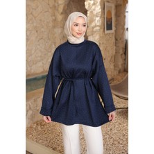 İmaj Butik Lacivert Taş Detaylı Yırtmaçlı Oversize Tunik