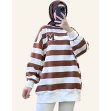 MUE Çizgili Nakış Detaylı Oversize Kadın Sweatshirt (Iki Iplik)