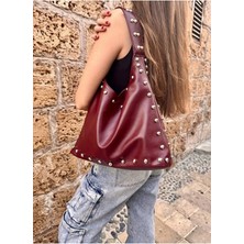 Metal Detaylı Kadın Omuz Çantası Şık Deri Görünümlü Orta Boy Taşlı (30X26X9)