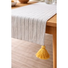 %70 Pamuk %30 Polyester Faralya Life Siyah Çizgili Hardal  Püsküllü Runner Masa Örtüsü | Modern Dekoratif Masa Runner