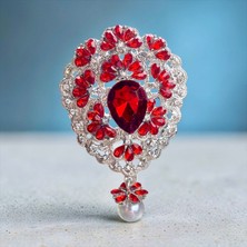 Rachel Silver Kırmızı Zirkon Taşlı Gümüş Renk Incili Broş