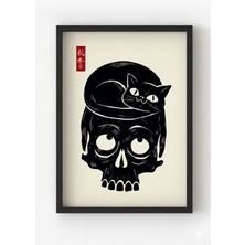 Viela Home Ahşap Çerçeveli Kafatası Üzerinde Kedi Tablo – Minimal Japon Tarzı Poster