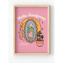 Viela Home Ahşap Çerçeveli Hello Gorgeous Poster – Pembe Tonlarda Sevimli Kurbağa Duvar Tablosu