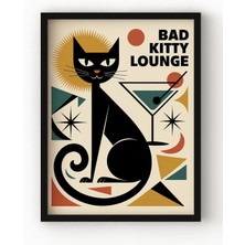 Viela Home Siyah Ahşap Çerçeveli Bad Kitty Lounge Poster – Retro Tarzda Siyah Kedi Duvar Tablosu
