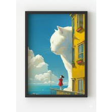 Viela Home Siyah Ahşap Çerçeveli Dev Kedi ve Kırmızı Elbiseli Kız Poster – Hayalperest Sanatsal Duvar Dekoru