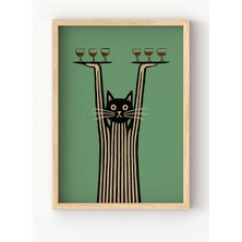 Viela Home Ahşap Çerçeveli Şarap Servisi Kedi Tablo – Yeşil Arka Plan Modern Sanat Poster
