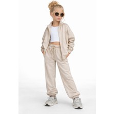 Bambam Kız Çocuk Fermuarlı Eşofman Takımı - Bej Renk (2'li Set) 01081