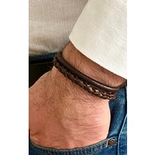 Gns Aksesuar Kalın Örgü Detaylı %100 Deri 2li Kahverengi  Erkek Bileklik Set 21 cm (Türk El Üretimi)