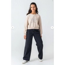 Dmb Yıldız Detaylı Kız Çocuk Geniş Paça Kot Pantolon Cepli  Jean 05792