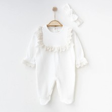 Waffle Kumaş Fistonlu 2'li Tulum Kız Bebek Yenidoğan Mevlüt Takımı Bandanalı Hastane Çıkışı