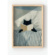 Viela Home Ahşap Çerçeveli Reading Cat Poster – Kitap Okuyan Siyah Kedi Duvar Tablosu 📖🐈‍⬛