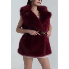 Enter 🖤🍷 Iki Renkli Kemerli Kürk Görünümlü Kadın Yelek (Siyah – Bordo)