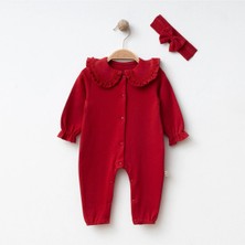 Kız Bebek Papatya Yaka Dantelli Tulum ve Fiyonklu Bandana Çiçek Işlemeli Bebe Yakalı %100 Pamuk