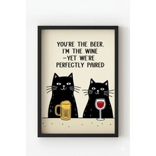 Viela Home Siyah Ahşap Çerçeveli Perfectly Paired Cats Poster – Şarap ve Bira Temalı Kedi Duvar Tablosu