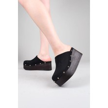 Birikon Loreto Troklu Burnu Kapalı Dolgu Topuk Terlik Siyah