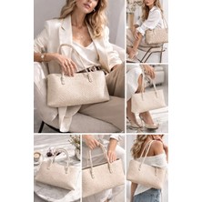 ZOE3tr Kadın Bej Örgü Dokulu Dar Uzun Yatay Omuz Çantası