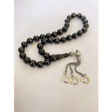 Tesbih TSBH0250BC 925 Ayar Türk Bayrak Gümüş Püsküllü Gümüş Işlemeli Küre Kesim Erzurum Oltu Taşı Tesbih
