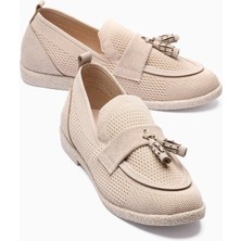 Mubiano Kadın Triko Loafer Süet Detaylı Püsküllü Hafif Rahat Günlük Ayakkabı Rivina Bej