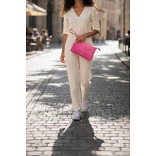 ZOE3tr Kadın Fuşya Kapitone Portföy Clutch Çanta Bilek Askılı Şık El Çantası