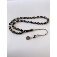 Tesbih TSBH0259BC 925 Ayar Gümüş Püsküllü Gümüş Işlemeli Beyzi Kesim Erzurum Oltu Taşı Tesbih