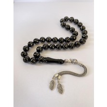 Tesbih TSBH0248BC 925 Ayar Gümüş Püsküllü Gümüş Işlemeli Küre Kesim Erzurum Oltu Taşı Tesbih