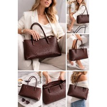 ZOE3tr Kadın Kahve Örgü Dokulu Dar Uzun Yatay Omuz Çantası