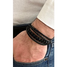 Gns Aksesuar Örgü Detaylı %100 Deri 4lü Siyah Erkek Bileklik Set 21 cm (Türk El Üretimi)