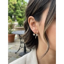 Museum Of You Kadın 14K Gold Kaplama Renk Geometrik Tek Taşlı Ikili Görünümlü Küpe - Xp - Kararmaz