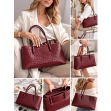 ZOE3tr Kadın Bordo Örgü Dokulu Dar Uzun Yatay Omuz Çantası